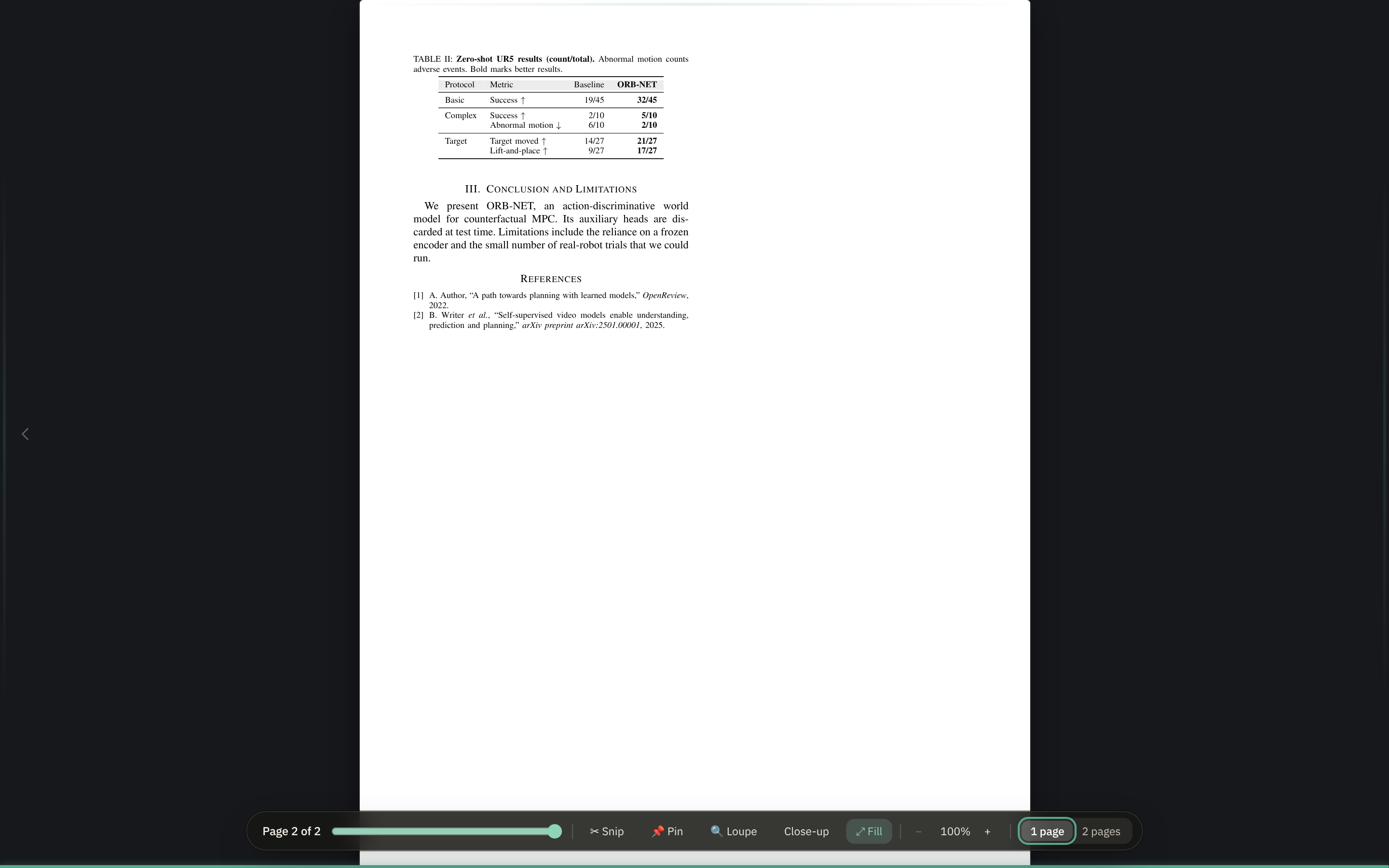 A page turned with the arrow key: the dock out for a moment, reading Page 2 of 2