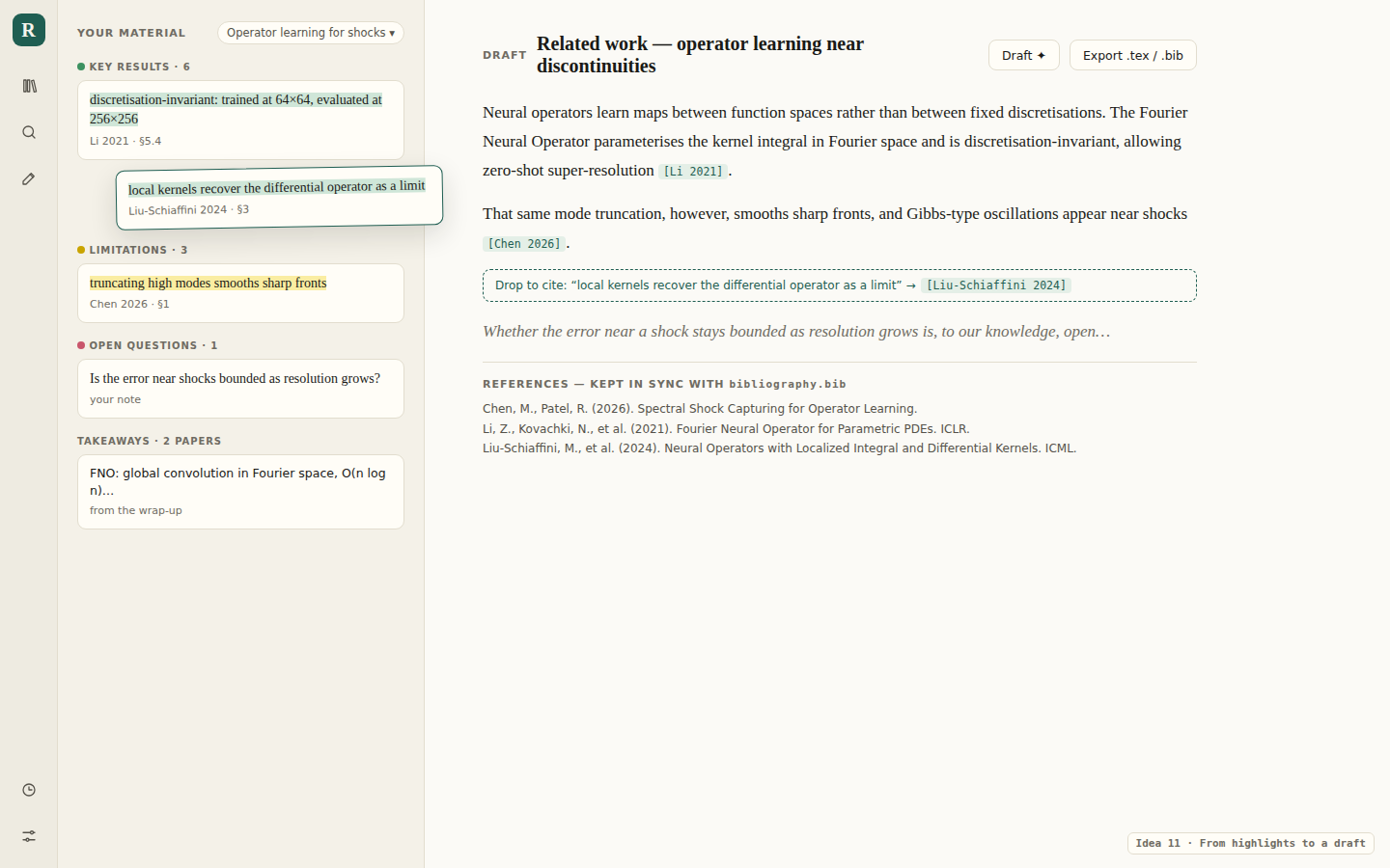 A writing view: highlights grouped by colour meaning on the left, one being dragged into a draft on the right where it becomes a citation, with a bibliography below