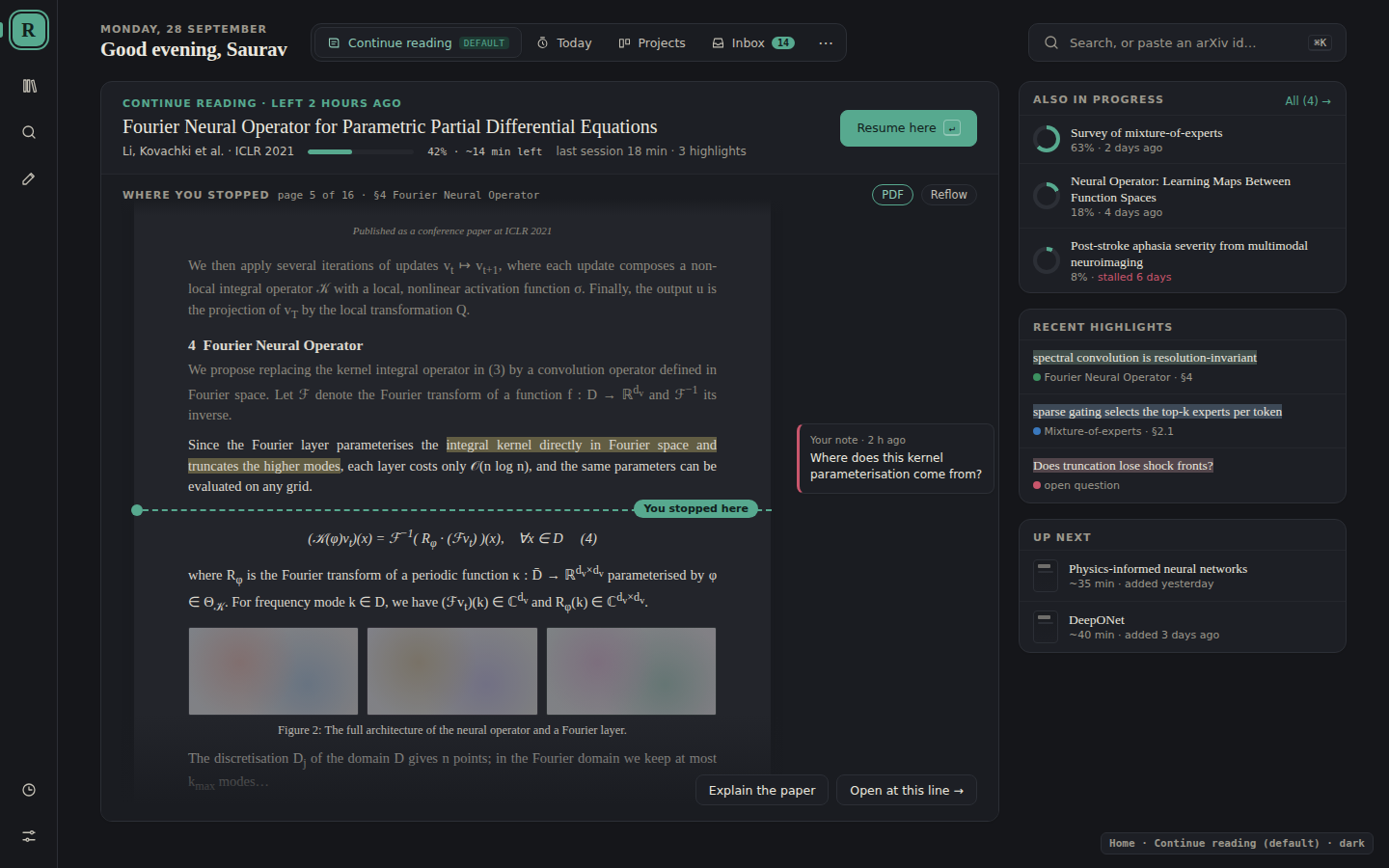 The same Home page in the dark theme, with the page preview dimmed to match