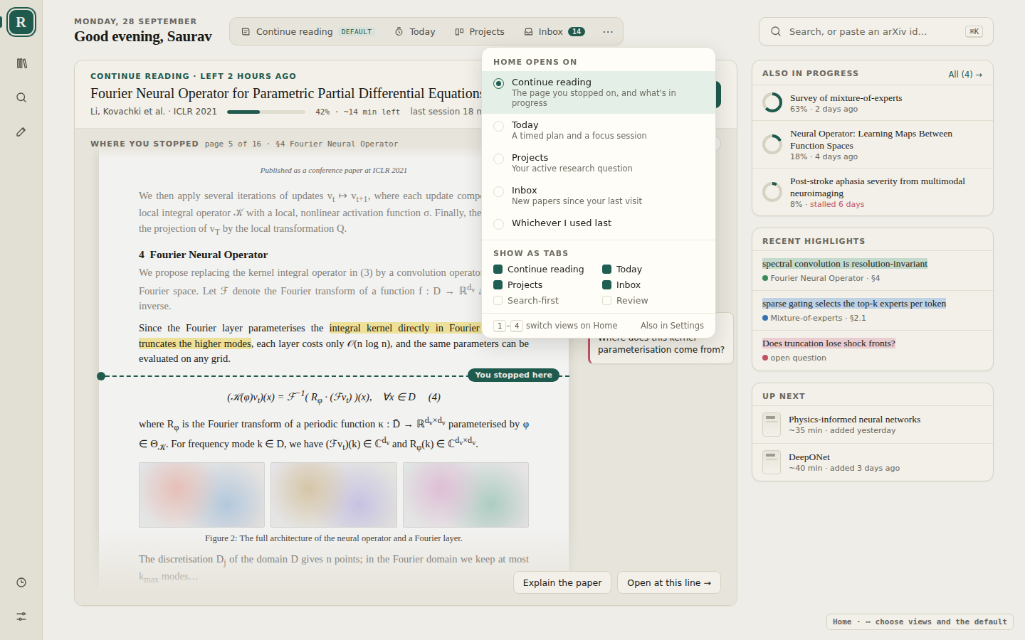 The Home view menu: Home opens on Continue reading, Today, Projects, Inbox or whichever was used last, and checkboxes for which views show as tabs