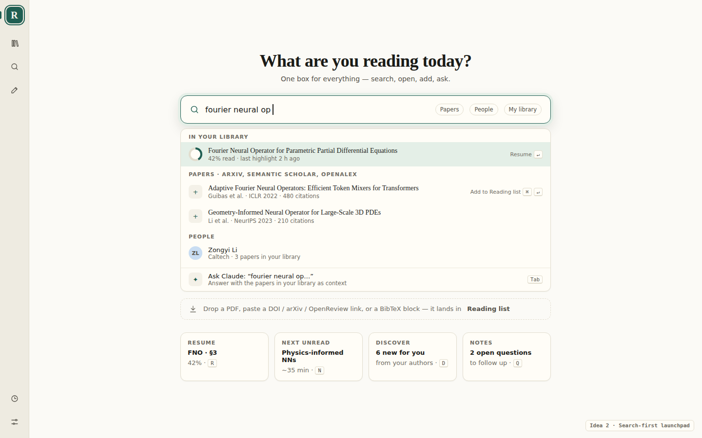 A search-first Home: one large box searching the library, papers, people and Ask Claude, with a drop area and four quick actions