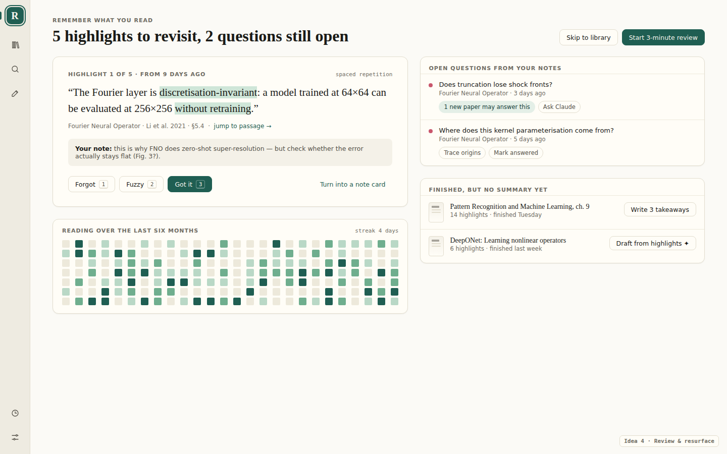 Review: a flashcard of an old highlight with Forgot, Fuzzy and Got it, open questions from notes, finished papers without a summary, and a reading heatmap