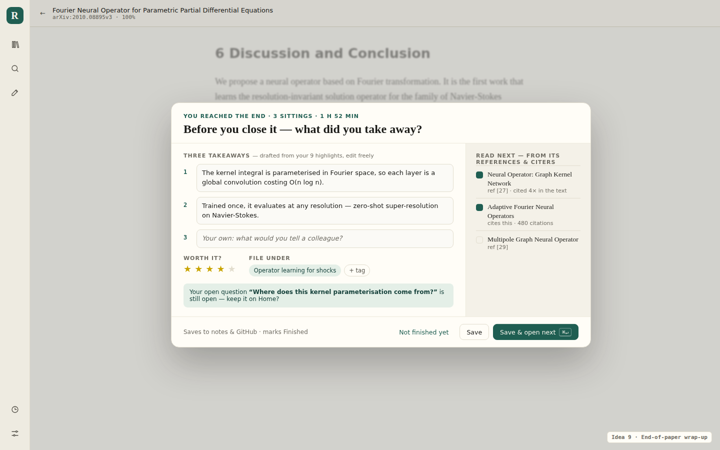 A dialog at the end of a paper: three takeaways drafted from highlights, a rating, where to file it, and the next papers from its references