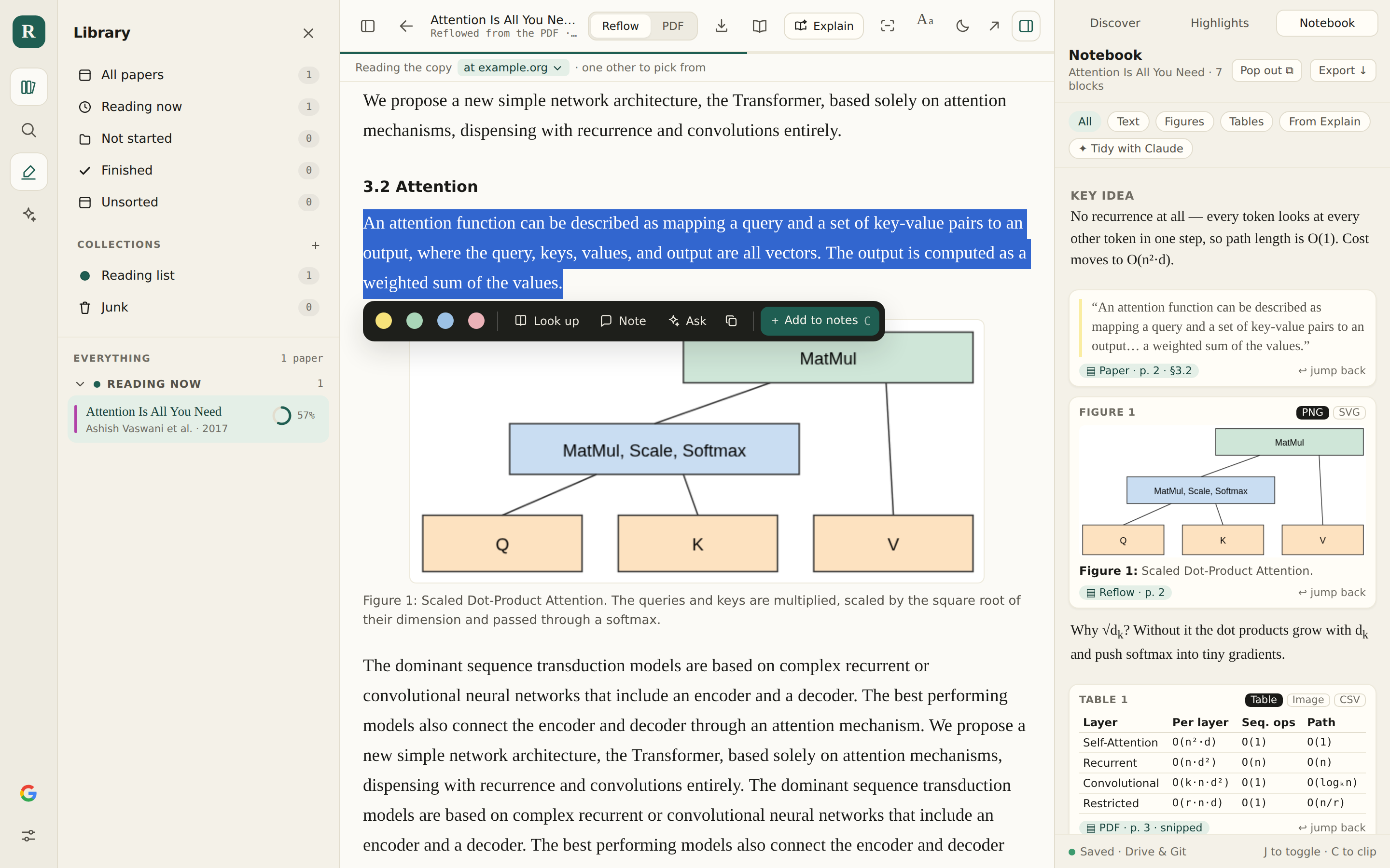 A selected paragraph with the selection toolbar showing highlight colours, Look up, Note, Ask and a new Add to notes button
