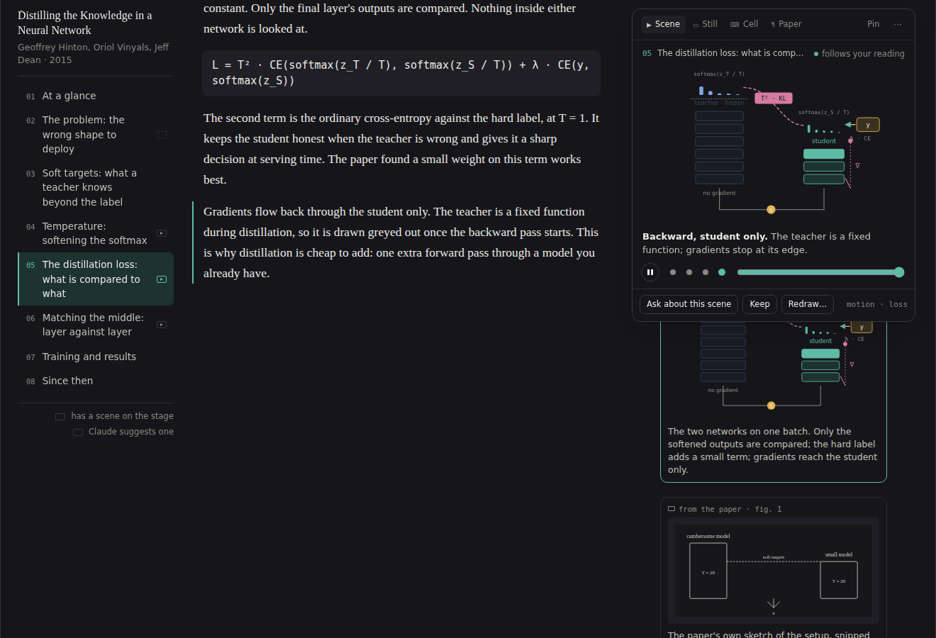 The loss scene in the dark theme, on its backward step: the teacher greyed out, the gradient path down the student