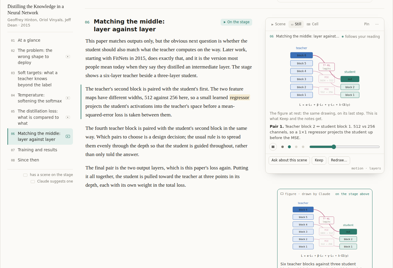 Section 06 on the Still tab: the layer-matching drawing at rest, with all three teacher-to-student links and the total loss
